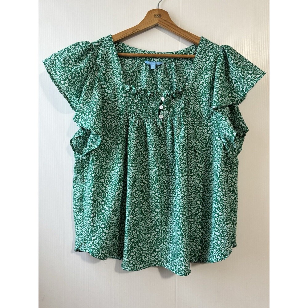 Draper James RSVP XXL Flutter Sleeve Floral Print Smocked Top Green Womens